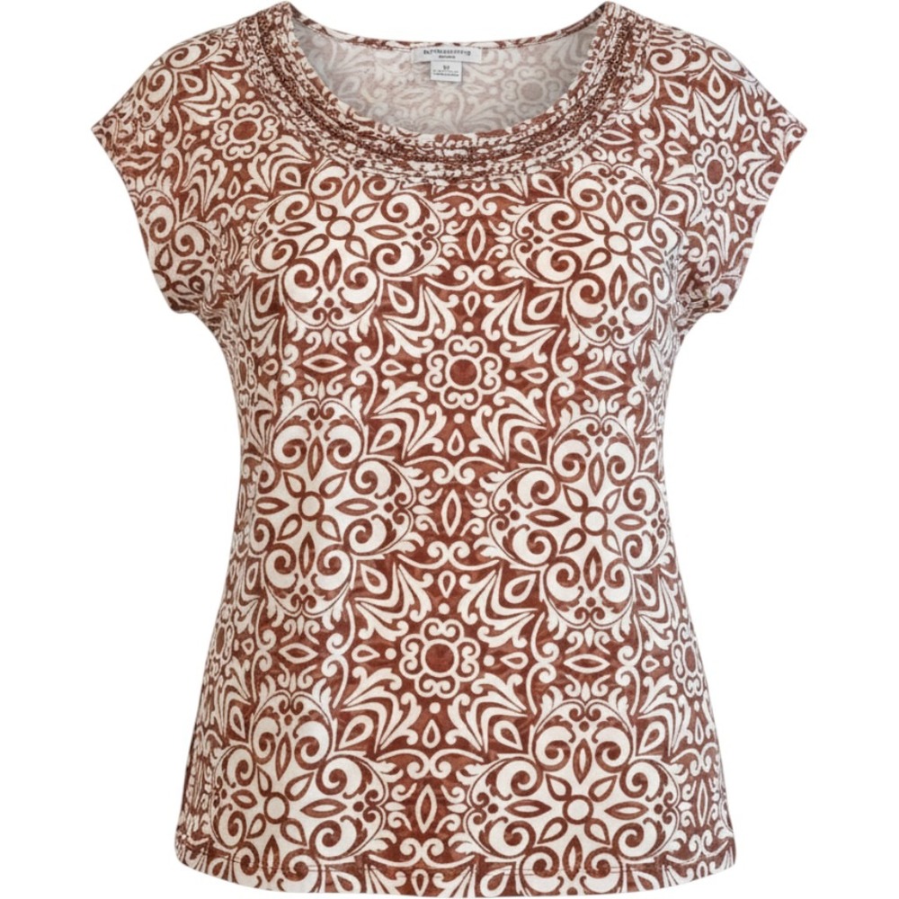 Liz Claiborne Brown Damask Medallion Beaded Cotton Top Women's 2X Short Sleeve